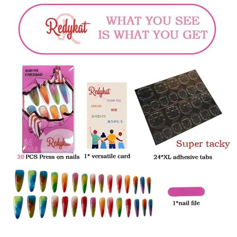 Redykat Soft Gel 24PCS Extra Long Stiletto Glossy Press On Nails, Colorful Acrylic False Nails, Rainbow Fake Nails for Extra Wide Nail beds, Salon Quality Nail Art (Colorful Palette)