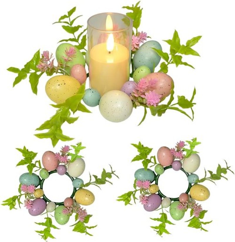 Skiennix Easter Egg Candle Rings - 3-Piece Mini Wreath Set for Spring Decor | 9" Pastel Holders
