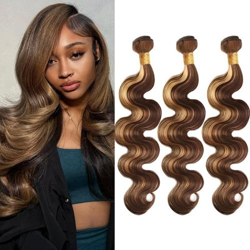 Blonde Highlight Bundles Human Hair 20 22 24 Inch Body Wave Bundles Brazilian Virgin Hair Weave 3Bundles Hair Deal（Brown and Blonde #P4/27）