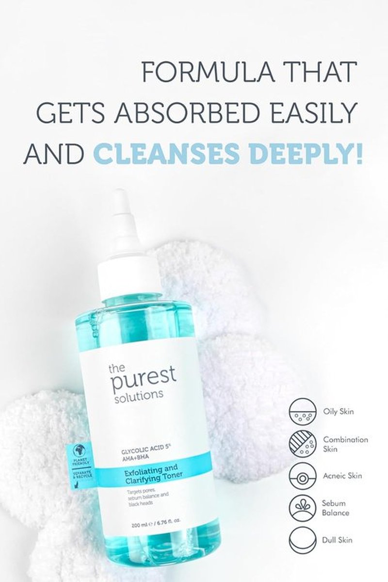 Purest Solutions Exfoliating Toner - Glycolic Acid 5% AHA + BHA for All Skin Types - Vegan & Cruelty-Free (6.76 fl. oz)