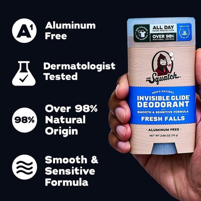 Dr. Squatch Invisible Glide Men’s Deodorant - Aluminum-Free, Smooth Glide, Fresh Falls - 2.65oz (2-Pack)