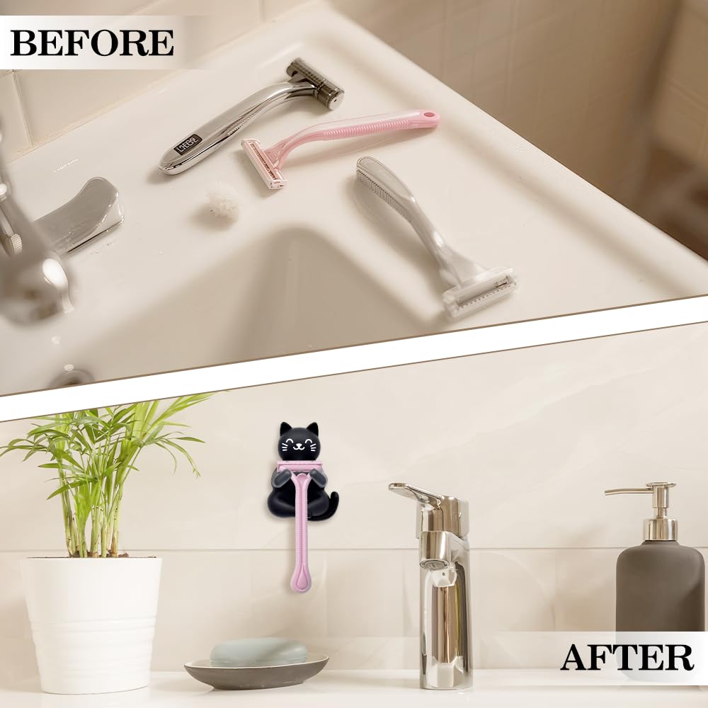 Mhfpl Cute Black Cat Silicone Razor Holder for Shower Adhesive Sticky Heavy Duty Waterproof Wall Hooks, Black Cat Razor Hooks for Bathroom Inside Shower Wall Hanging Loofah Towel