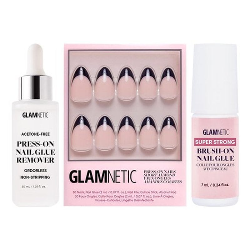 Glamnetic Press-On Nails - Caviar | Super Strong Brush On Nail Glue & Press-On Nail Remover | Semi-Transparent Nails with Black French Tips, Short Almond Shape | Reusable Nail Kit with Glue & Remover