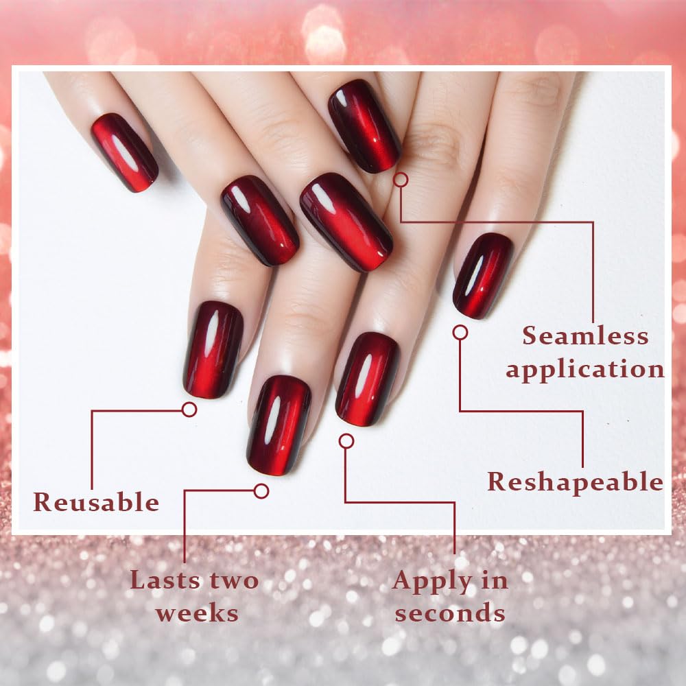 XZMeiLun Cat Eye Dark Red Press On Nails Medium Long Length Square, Designer Reusable Acrylic Fake Nail with Glue, Glossy Gel Nails Wedding Party, Stick On Glue On Nail, Nails Press Ons for Women