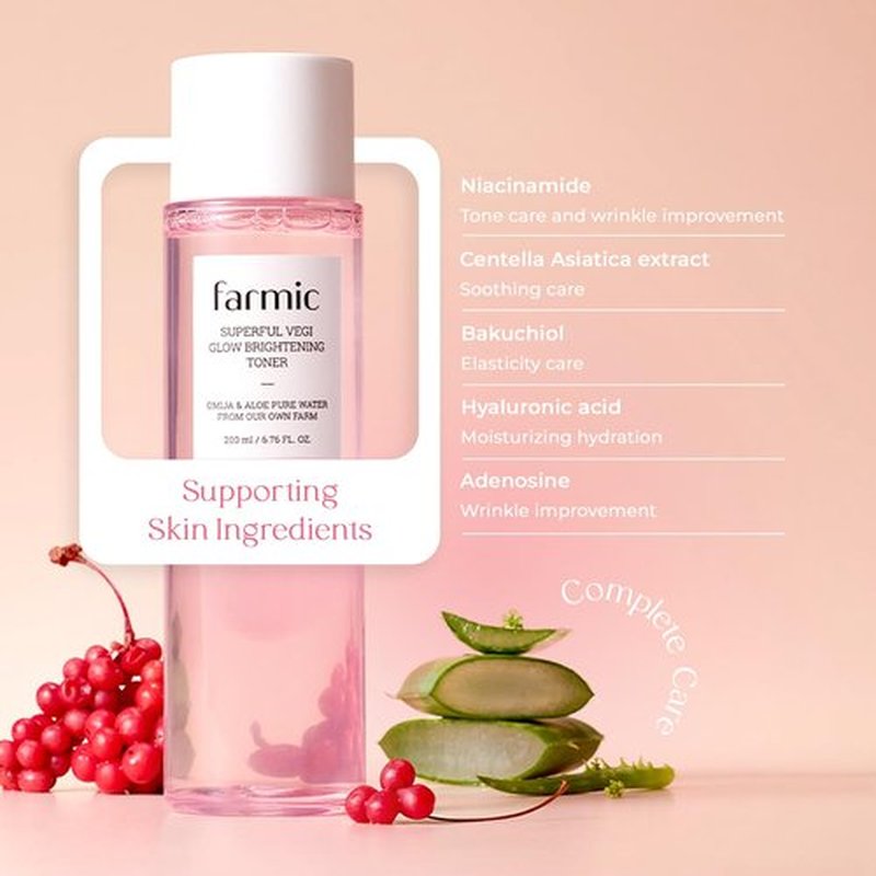 FARMIC Superful Vegi Glow Toner 6.76 fl.oz (200ml) Aloe & Omija Soothing Moisturizer Facial Vegan Toner Hydrating Radiant Face Cruelty-Free Korean Daily Skincare Prep All Skin Types