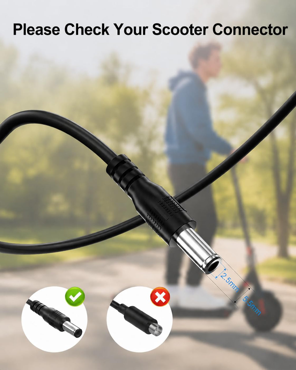 WUKUR 42V 2A Charger for Gotrax Electric Scooters Compatible with GoTrax GXL V2, G2, G3, G4, Apex, Glider, XR Elite, XR Ultra, Power Supply Adapter for 36V Lithium-ion Battery, 8.8Ft