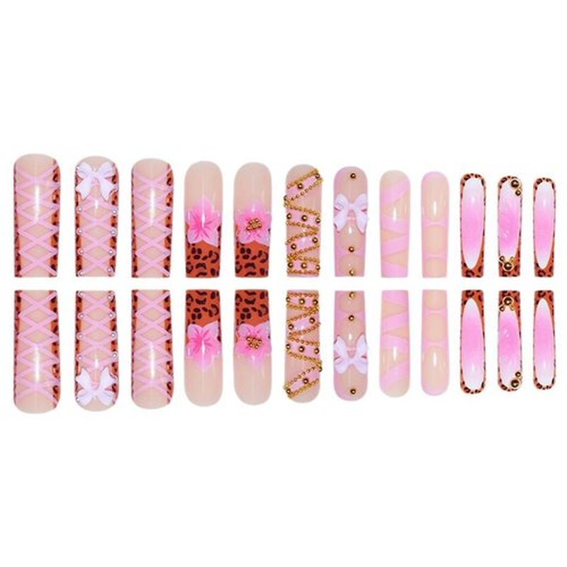 Long Press on Nails Square Fake Nails French Tip False Nails with 3D Bow Line Flower Designs Glue on Nail Glossy Acrylic Nails Full Cover Artificial Stick on Nail for Women 24Pcs