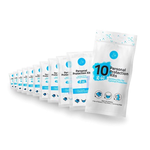 All-in-One Personal Protection Kits to GO - 10 Pack - With Plastic Gloves, Hand Cleansing Wipes, Disposable Face Mask