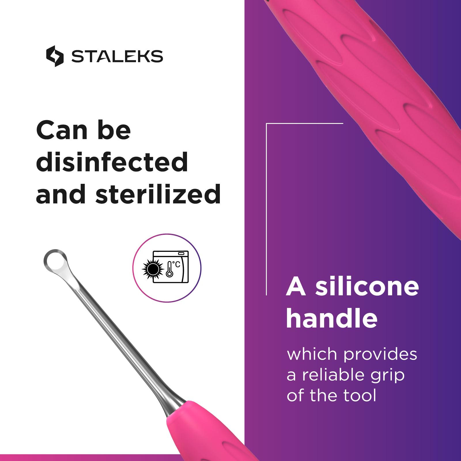 Staleks Pro Manicure Pusher Gummy UNIQ 11 Type 2 – Silicone Handle Cuticle Pusher Tool – Beveled & Loop Pusher – Stainless Steel – Ergonomic & Non-Slip Grip – Sterilizable & Durable