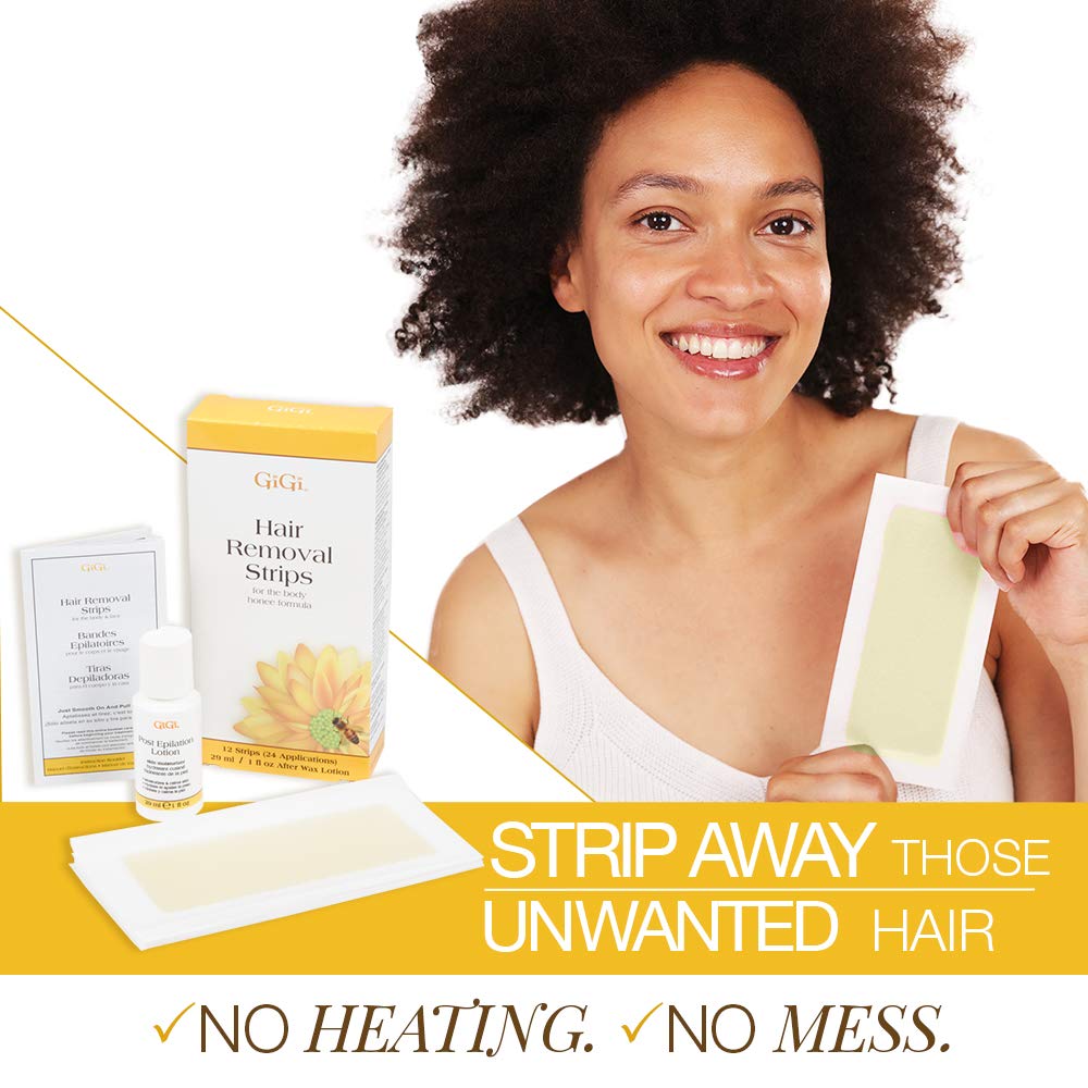 GiGi Hair Removal Wax Strips for Body - Pre-Waxed with GiGi All-Purpose Honee Formula, Waxing Kit For Women, 12 Strips + After Wax Lotion