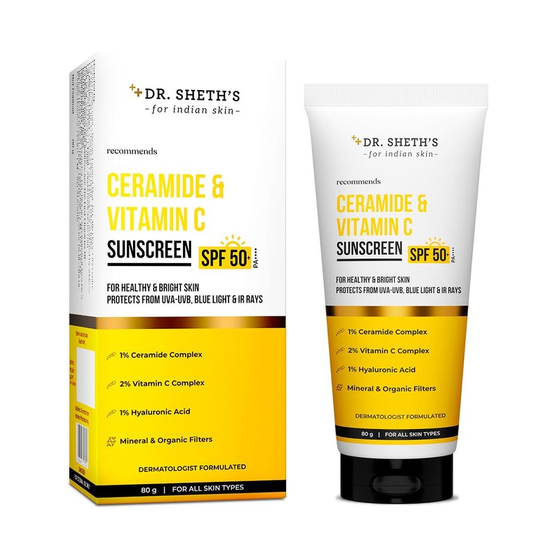 Dr. Sheth's Ceramide & Vitamin C Sunscreen SPF 50+ PA++++ In-Vivo Tested For Healthy & Bright Skin Lightweight & Non Greasy For UVA/UVB & Blue Light & IR Protection No white cast For All Skin Types