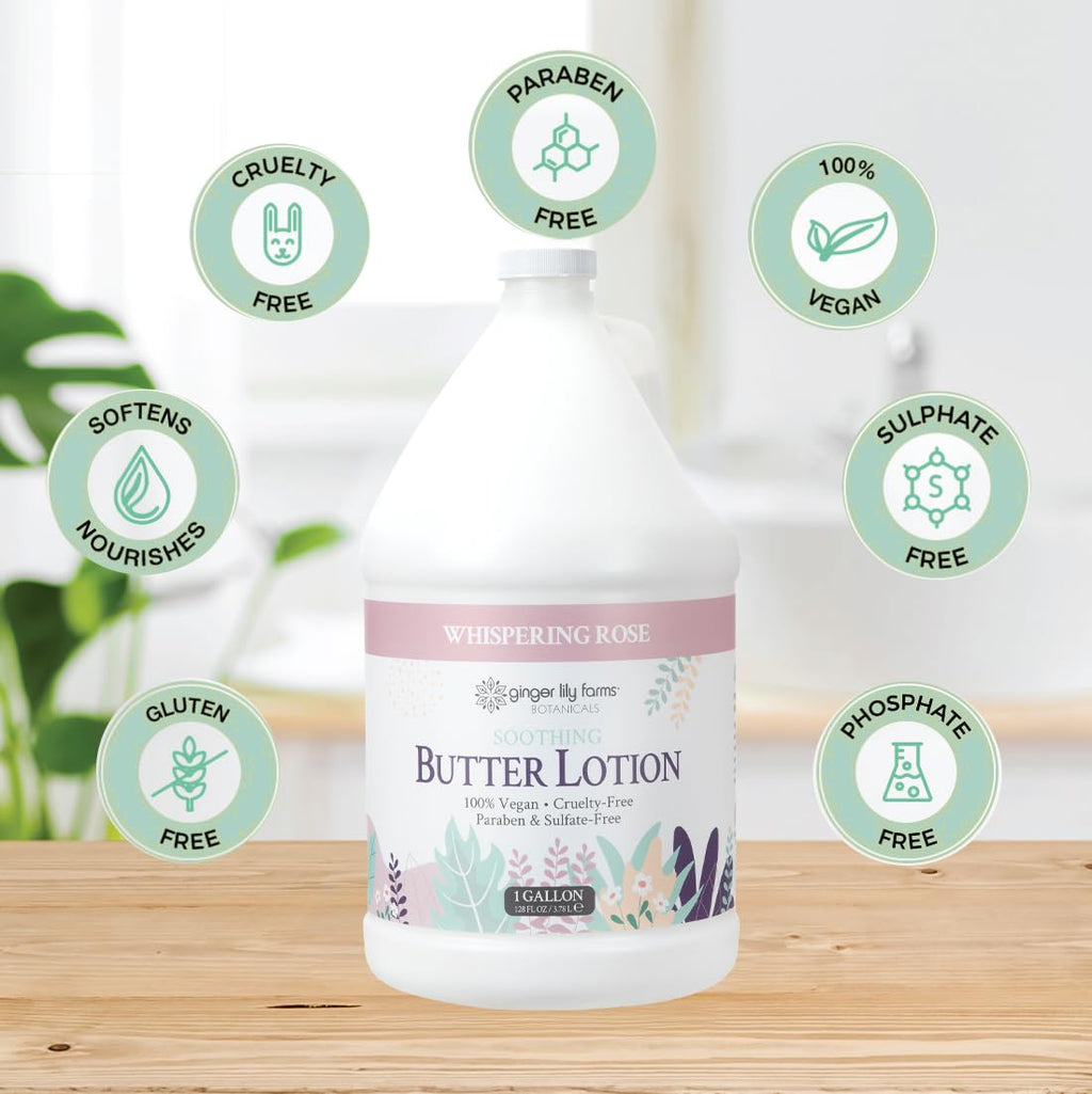 Ginger Lily Farms Botanicals Soothing Butter Lotion for Dry Skin, 100% Vegan & Cruelty-Free, Whispering Rose Scent, 1 Gallon (128 fl oz) Refill