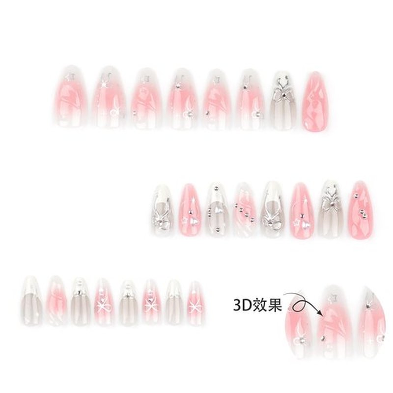 LBPEPAMZ Pink Press On Nails Medium Almond Fake Nails with 3D Silver Bow Bead Pearl Designs White Gradient French Tips Acrylic False Nails Heart Full Cover Glossy Stick On Nails for Women 24Pcs