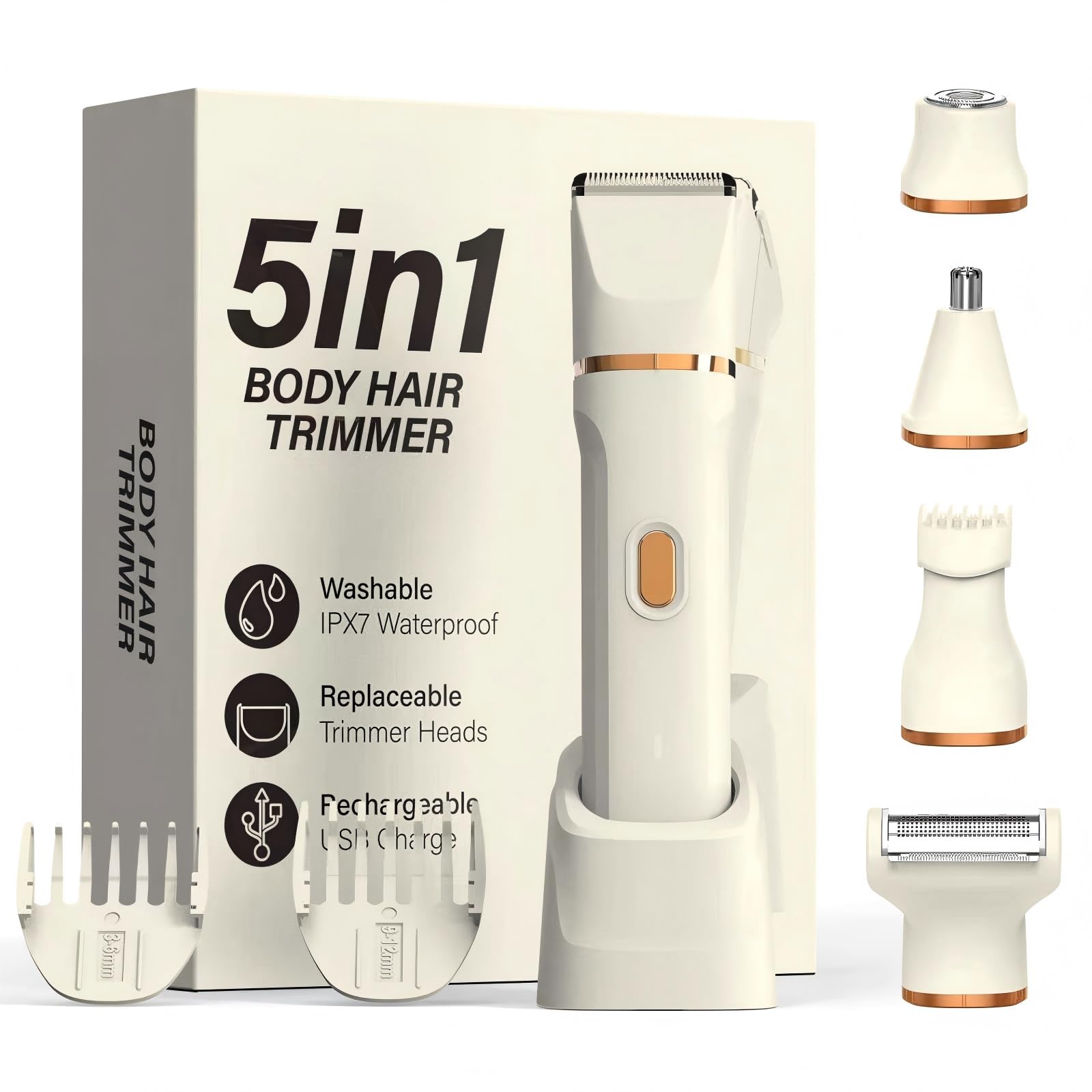 TEENOVA 5-in-1 Bikini Trimmer for Women, Electric Razors Shaver IPX7 Waterproof, Cordless Body Hair Trimmer, Ceramic Blade, Facial & Pubic Hair Removal, Travel Portable (Off-White)
