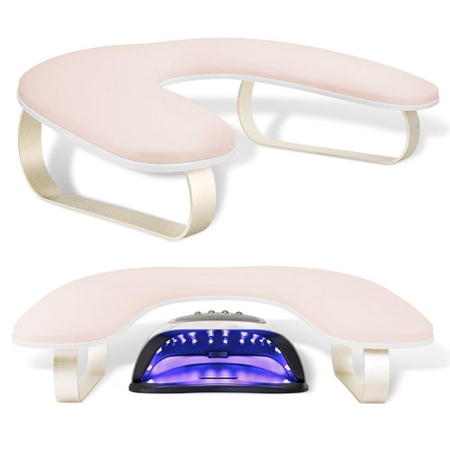 Arm Rest for Nails Tech Upgraded 10° Inclined, U-Shaped Manicure Nail Arm Rest Stand, Pink Nail Armrest for Nail Tech Hand Rests with Gold Aluminum Alloy Holder Non-Slip