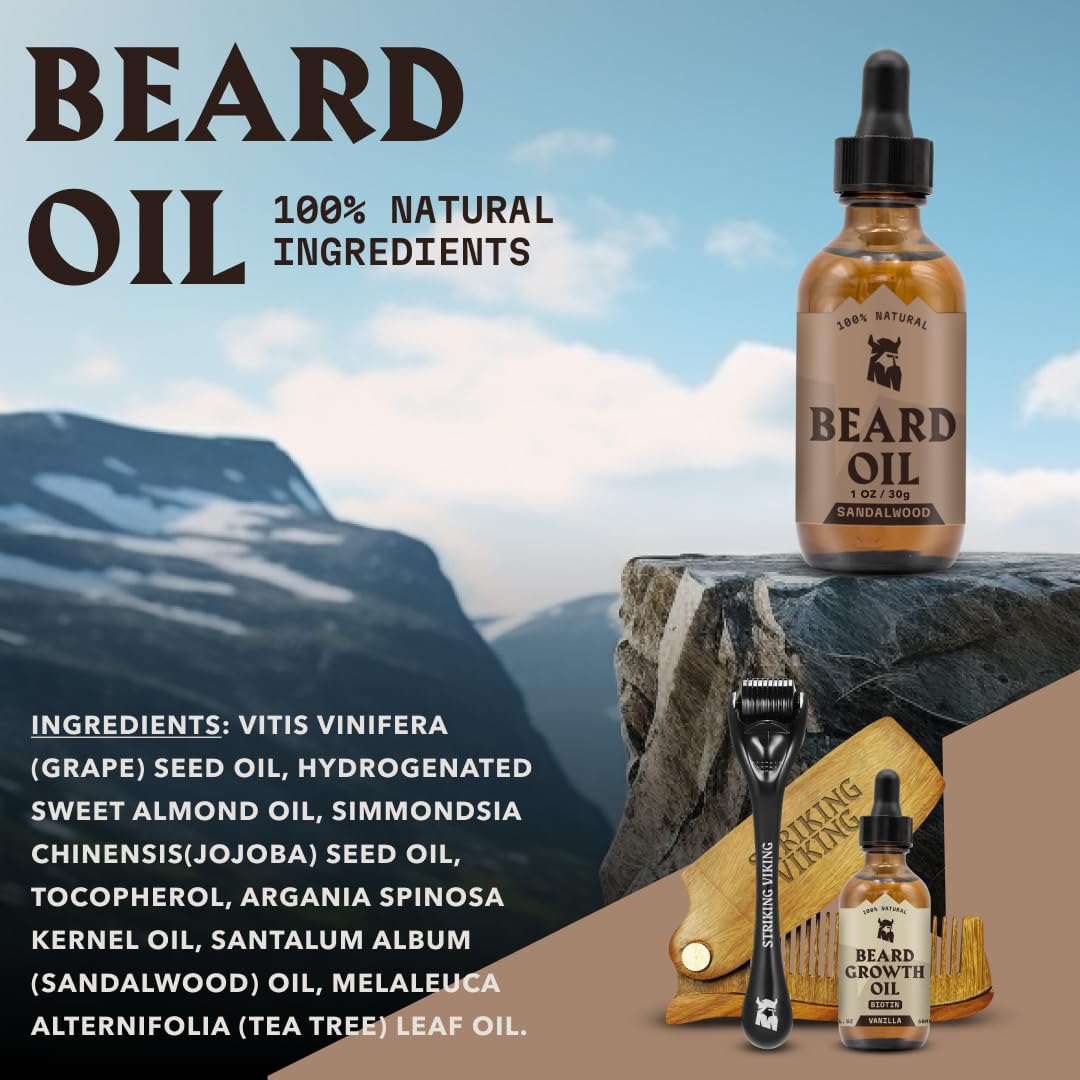 Striking Viking Beard Oil and Balm Set - Dual Use Leave in Beard Conditioner Tames, Styles, Softens, and Moisturizes Beards and Mustache - Made with Natural and Organic Argan and Jojobo Oils