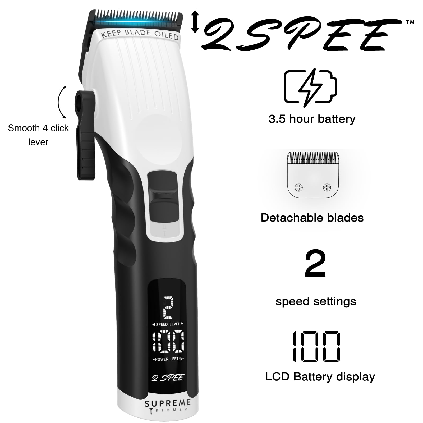 Supreme Trimmer 2Spee STC922 – Professional Cordless Hair Clipper with Removable Blade | 210 Min Runtime, 2-Speed Motor, Digital Display, Smooth Lever & Color Coded Guards