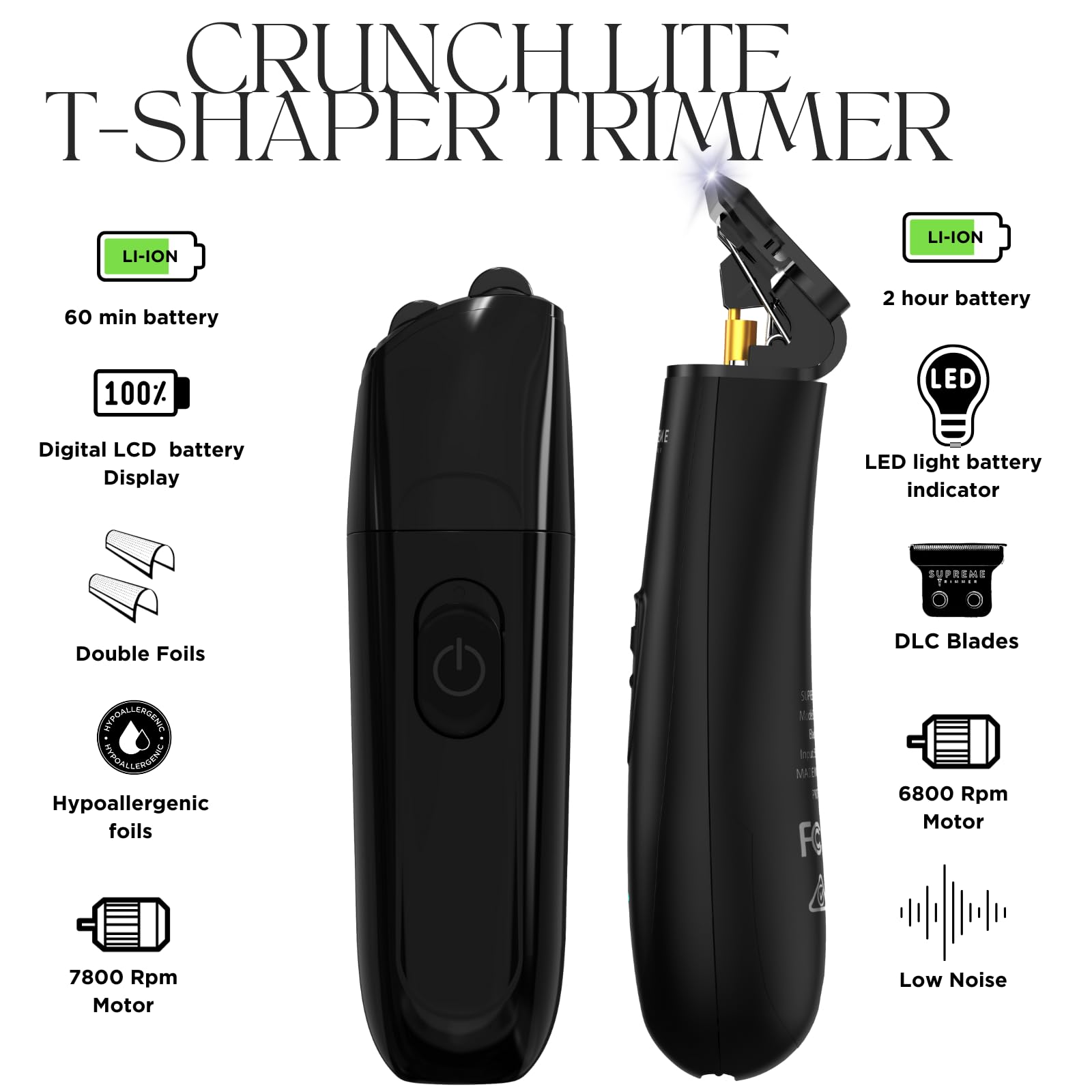Supreme Trimmer 2-in-1 DLC T-Shaper Beard & Hair Trimmer + Crunch Lite Foil Shaver | Barber-Grade Precision & Travel Kit | Cordless Beard Grooming Set