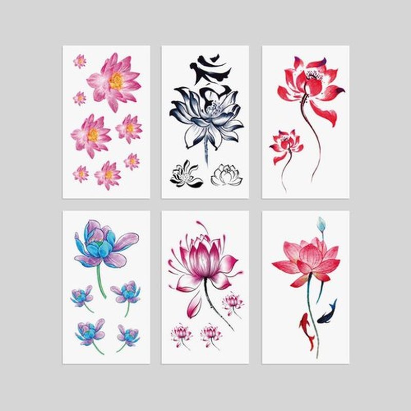 Oottati 6 Sheets Watercolor Lotus Temporary Tattoos for Women, Pink Red Purple Blue Lotus Flower Koi Fish Fake Tattoo Stickers, Waterproof Long Lasting Body Art for Arm Back