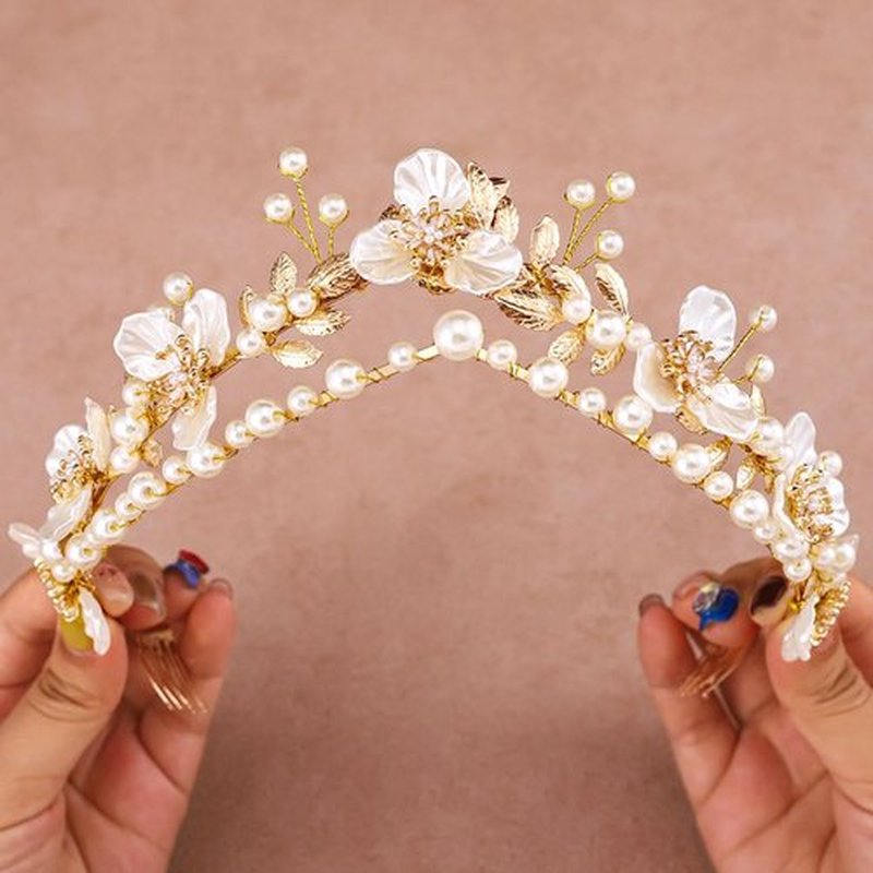 Gortin Flower Crown Bride Wedding Headband Gold Leaf Bridal Princess Headpiece Pearl Tiara Hair Accessories for Women