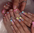 48Pcs Summer Flower Press on Nails Long & Press on Toenail for Girls Nail Decoration Kit French Tip Fake Nails with Nail Glue Rhinestones Glossy Acrylic Nails False Nails for Women Stick on Nails