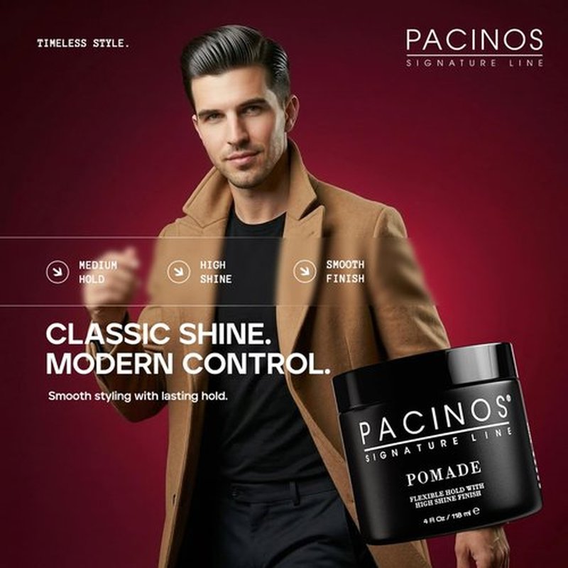 Pacinos Pomade - High Shine Hair Pomade for All Hair Types - Flexible Hold & Frizz Control - 4oz
