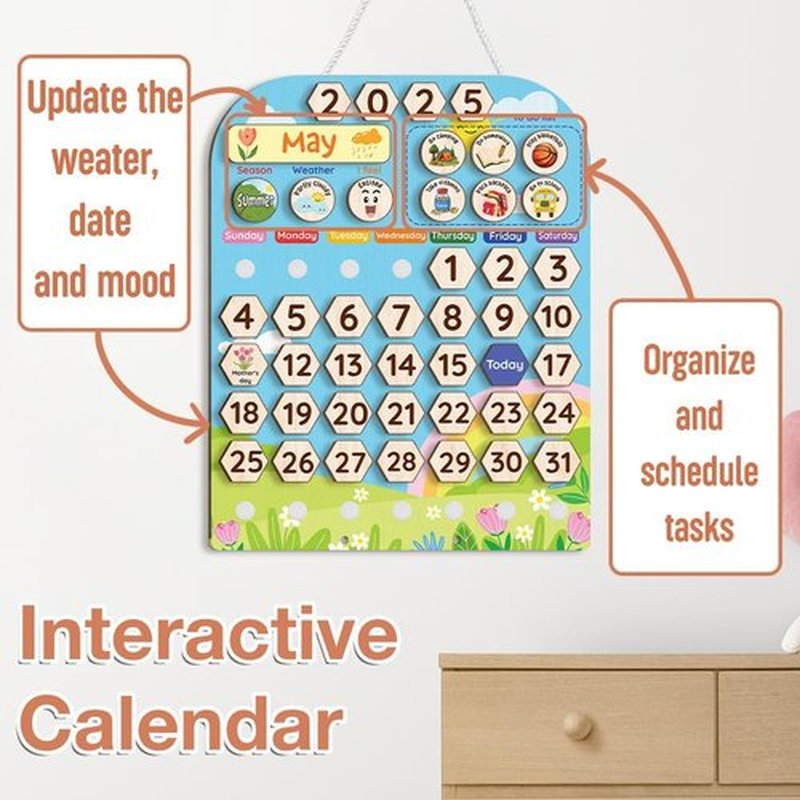 Skiennix Interactive Wooden Calendar for Kids Ages 3+ | Teaches Seasons & Daily Activities (12 x 15 Inches)