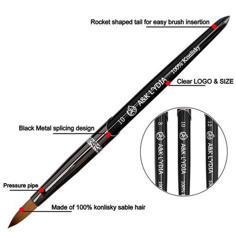 A&K L'YDIA Acylic Nail Brush-2pcs Pure Konlisky Sable hair Crimped Oval Nail Art Brush Black Metal handle with Nail Files for Professional acrylic Application Manicure Crystal Powder Pedicure