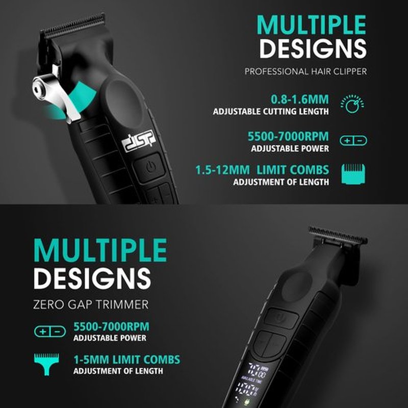 DSP Professional Hair Clippers Set for Men, Cordless Barber Clipper Beard Trimmer DLC, USB Rechargeable, Speeds Adjustable, Travel Lock, Low Noise with Charging Base