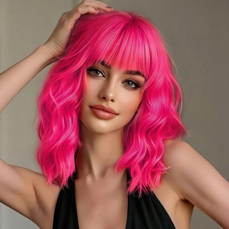 Ucubb Short Bob Wavy Wig with Bangs for Women Loose Curly Wig Look natural Shoulder Length Bob Synthetic Cosplay Wig for Girl Colorful Costume Wigs