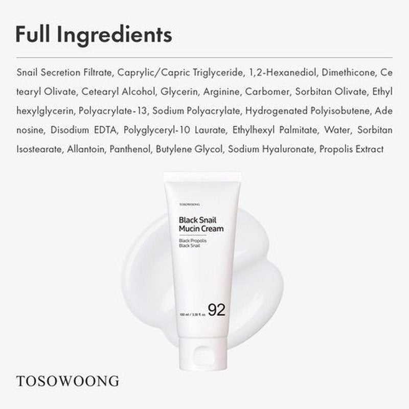 TOSOWOONG Black Snail Mucin 92% Face Cream, 920,768ppm Black Snail Mucin, Propolis, Lightweight Moisturing Cream for Soft, Glowy Skin, Moisturizer Face Cream, Korean Skin Care, 100ml, 3.38 fl.oz.