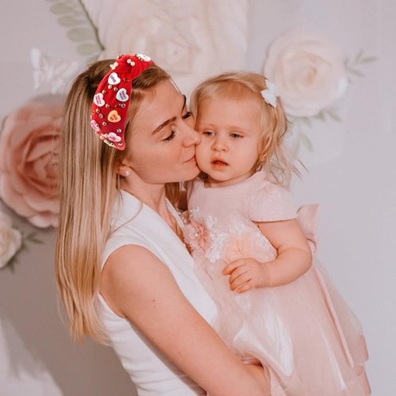 Gosuoa Valentine's Day Headband for Women,knotted Headband for Women,Red Pink Jeweled Rhinestone Crystal Top Knot Headband Valentine’s Day Hair Accessories for Girls Women