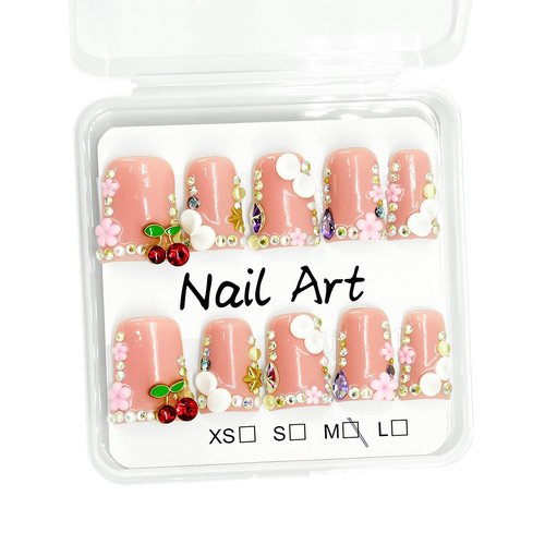 Handmade Press on Nails Duck Bill Shape, 3D Luxury Rhinestone Cherry Pearl Floral Acrylic Fake Nails, Full Cover Thickened False Nails for Women DIY Nail Art (M)