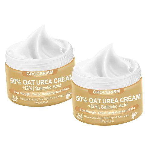 Grocerism Urea Cream 50 Percent for Feet 5.29 oz with Oat and 2% Salicylic Acid, Foot & Hand Cream included Hyaluronic Acid, Tea Tree and Aloe Vera for Deep Moisturizing, Callus Removing 2 Packs