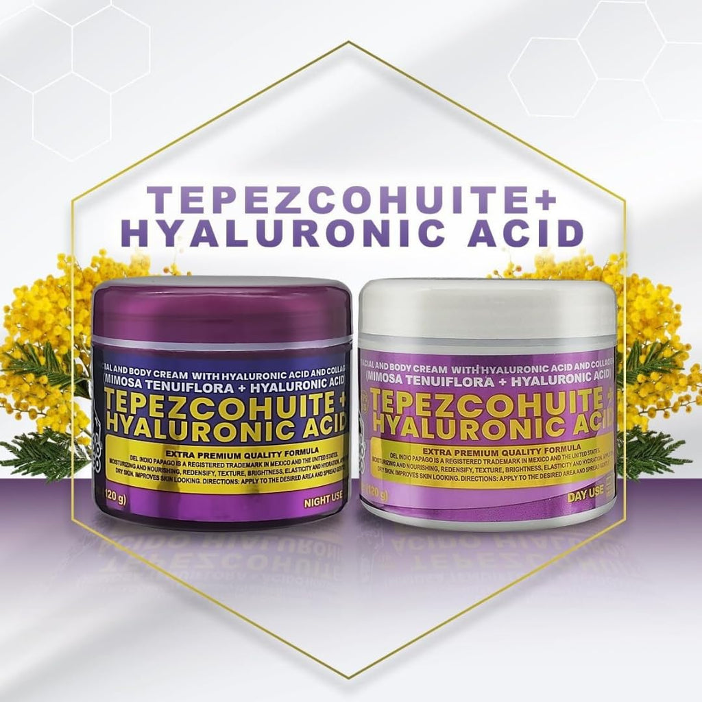 Del Indio Pápago Tepezcohuite + Hyaluronic Acid Facial Cream Duo – Day & Night Use, Hydrating & Nourishing Formula with Mimosa Tenuiflora, 120g Each (JUMBO 2 Pack)