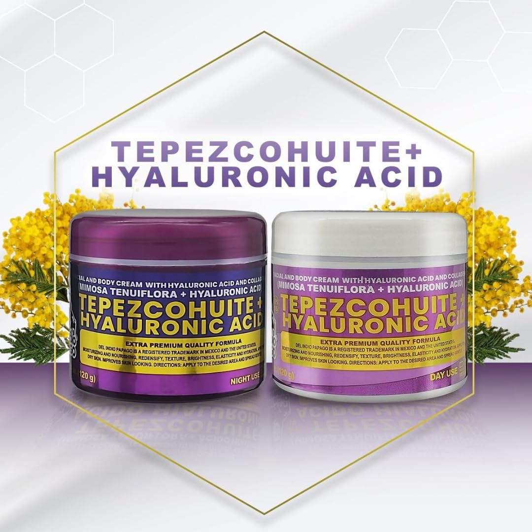 Del Indio Pápago Tepezcohuite + Hyaluronic Acid Facial Cream Duo – Day & Night Use, Hydrating & Nourishing Formula with Mimosa Tenuiflora, 120g Each (JUMBO 2 Pack)