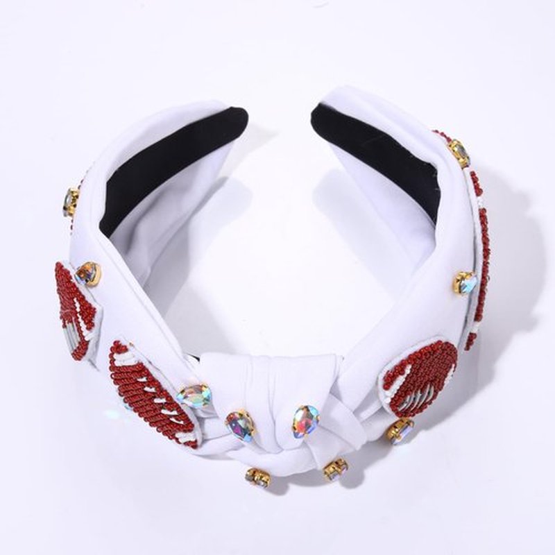 Football Headband for Women Football Mom Accessories Beaded Football Knotted Headband Jeweled Rhinestone Crystal Embellished Top Knot Hairband White Sport Hairband Game Day Hair Accessory (White)