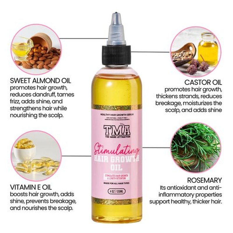 Mane Attraction Hair Oil - Stimulating Hair Growth & Moisture Sealing - 4 Fl Oz, Infused with Rosemary, Castor & Black Seed Oils
