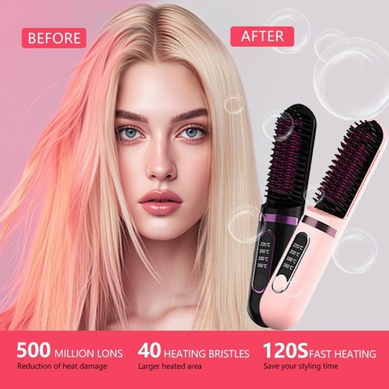 Cordless Hair Straightener Brush, Portable Straightening Brush for Women, Mini Negative Ion Hot Comb for Travel, 30Mins Auto-Off, USB Rechargeable, Fast Heating 4 Temperature Settings(Black)