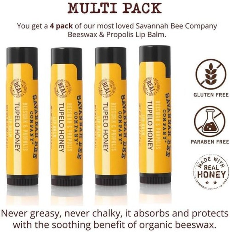 Savannah Bee Company Natural Tupelo Honey Lip Balm - Moisturizing Beeswax Formula, 0.15 oz (Pack of 4)