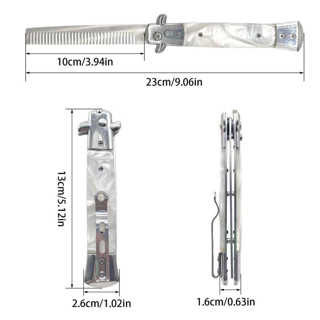 Folding Pocket Comb, Stainless Steel Beard Comb for Men, Switchblade Fine Tooth Mustache Combs Designed for Hair Salon Beauty Tool (Milky)