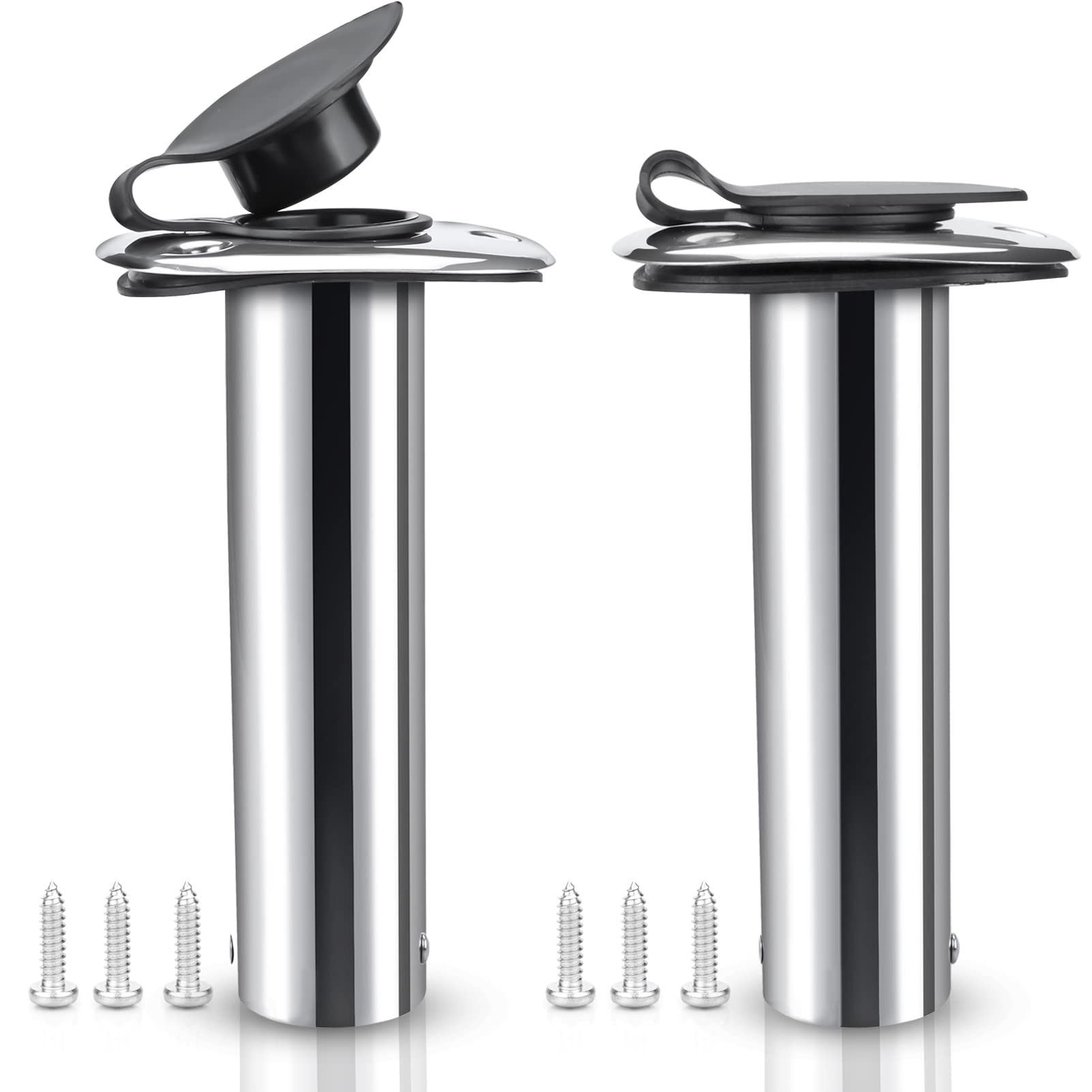 Marinebaby 2 Pcs Flush Mounting Fishing Rod Holders, 90 Degree Stainless Steel with Rubber Cap, Liner and Gasket, Screws Included