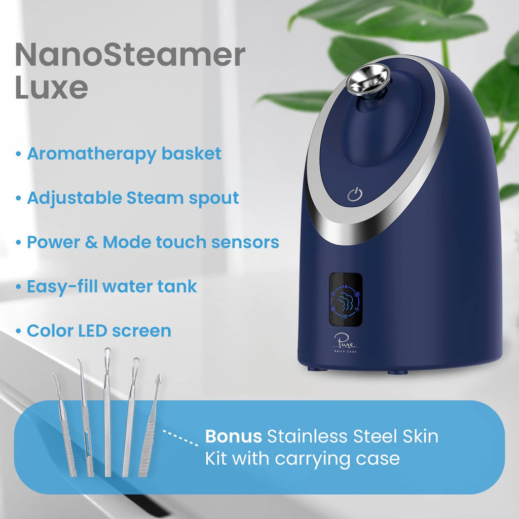NanoSteamer Luxe by Pure Daily Care in Navy | Ionic Facial Steamer with Smart Steam Technology | 6 Steam Modes | Aromatherapy Basket | Digital LCD Screen | Hot Steam & Cool Mist l Extraction Set