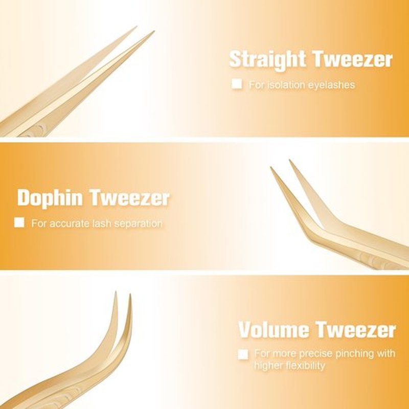 Lash Tweezers for Eyelash Extension, Professional Lash Extension Tweezer Set, High Precision Eyelash Tweezers for Volume Eyelash Extensions (Gold, 5PCS Set)