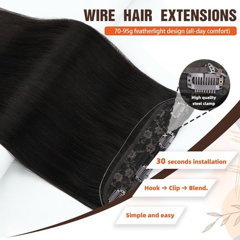 Invisible Wire Hair Extensions Real Human Hair - 12 Inch 70G Dark Brown Transparent Fish Line Clip-Ins Hair Piece, 100% Remy Human Hair Extensions for Women