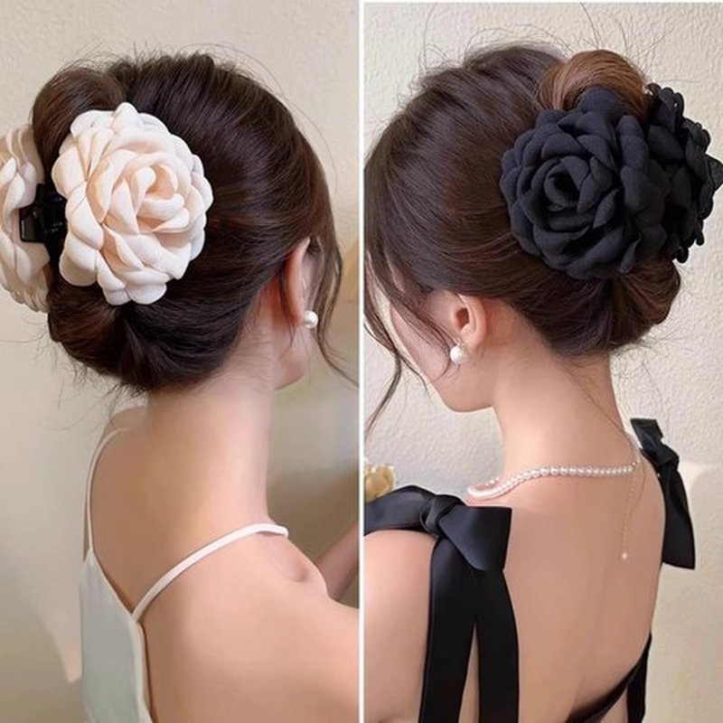 Rauimour 4pcs Handmade Fabric Rose Flower Hair Claw Clip for Women Girls, 3.94" Large Boho Hawaiian Floral Hairpins Barrettes for Thick Thin Hair Styling Accessories(Red Pink)