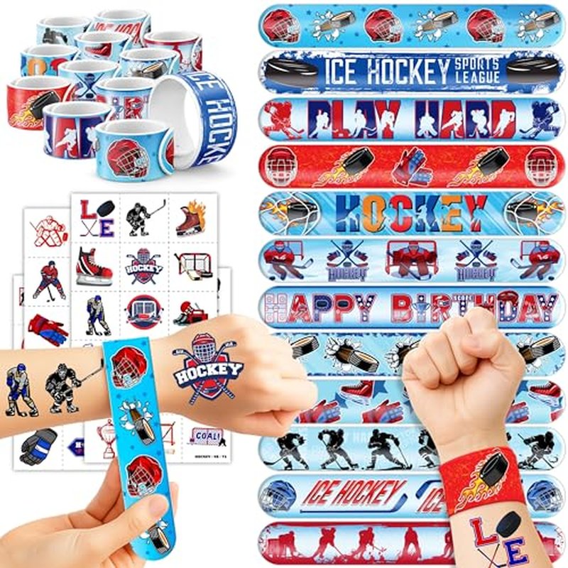 72-Piece Ice Hockey Party Favors Set Temporary Tattoos (48PCS) and Slap Bracelets (24PCS) - Perfect for Themed Birthday Parties, Baby Showers, Classroom Rewards, and Gifts for Kids