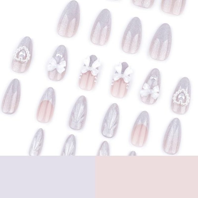 Hkanlre Medium Flower Press on Nails Pearl Rhienstones Fake Nails Tips Full Cover Almond False Nails for Women 24PCS