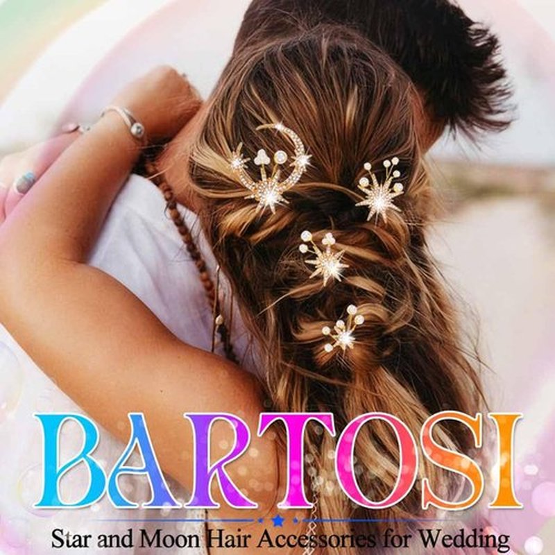 BARTOSI Moon Star Wedding Hair Clips Gold Rhinestone Hair Pins Bridal Hair Pieces Goddess Hair Accessories for Women and Girls (Pack of 4)
