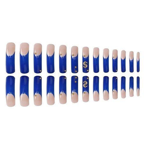 Rchovsam xl Long Press on Nails Square French Tip Fake Nail 3D Godlen Designs False Nails Press Ons French Blue Stick on Nails Full Cover Artificial Nail Gift for Women 24pcs